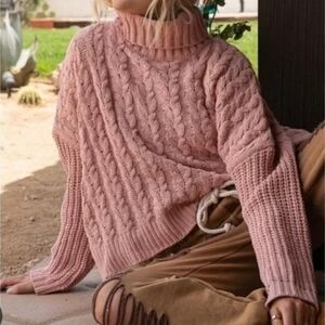 POL Pink Cable Knit Turtleneck Sweater